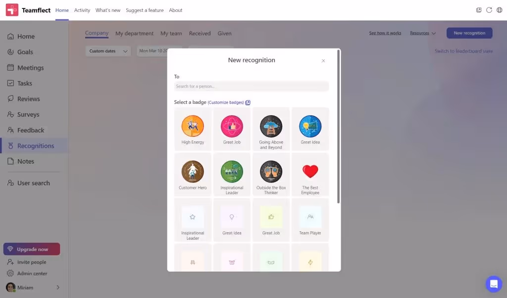 employee recognition in MS Teams with Teamflect