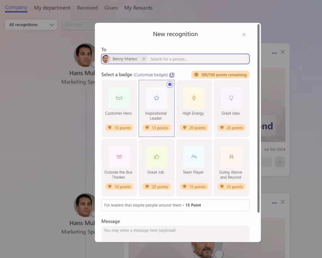 Employee recognition inside teamflect