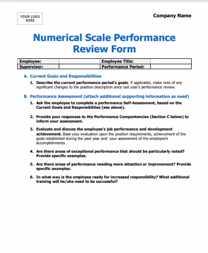 Numerical scale performance review template in PDF format