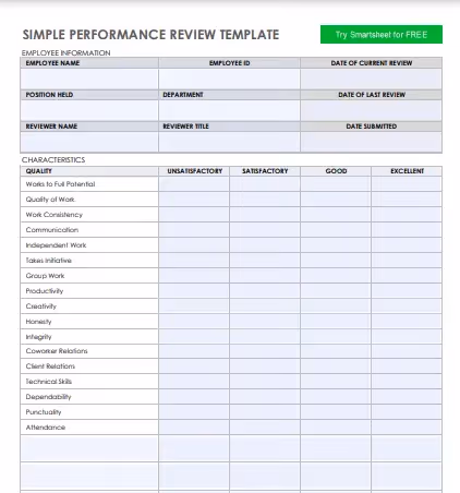 Simple performance review template in PDF format