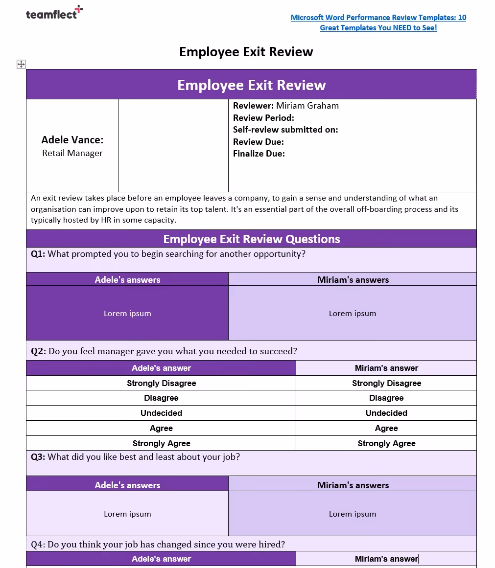 Employee exit review template in Word format.