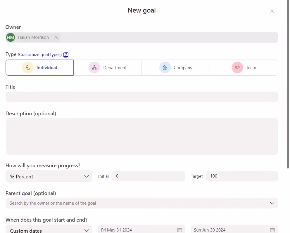 Teamflect new goal pop-up.