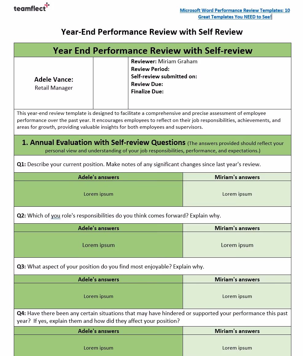 Year-end performance review template with Self-review section