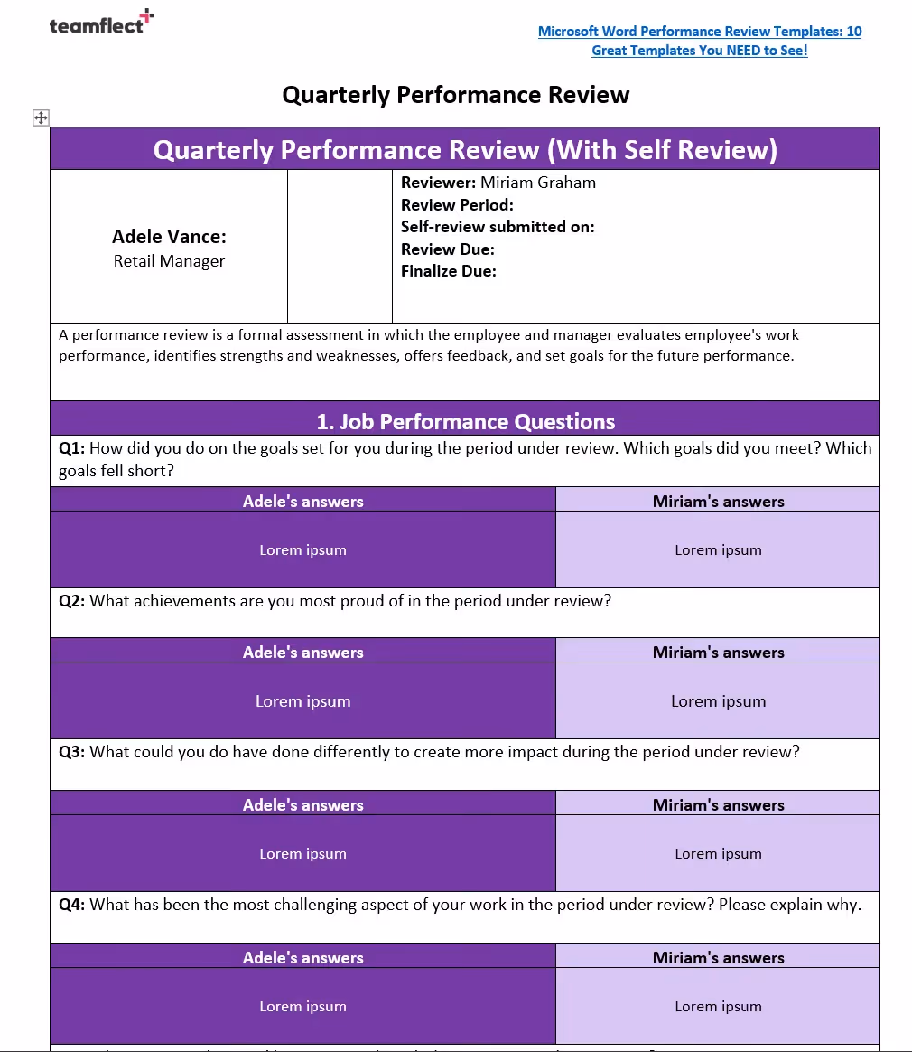 Quarterly performance evaluation template in Word format