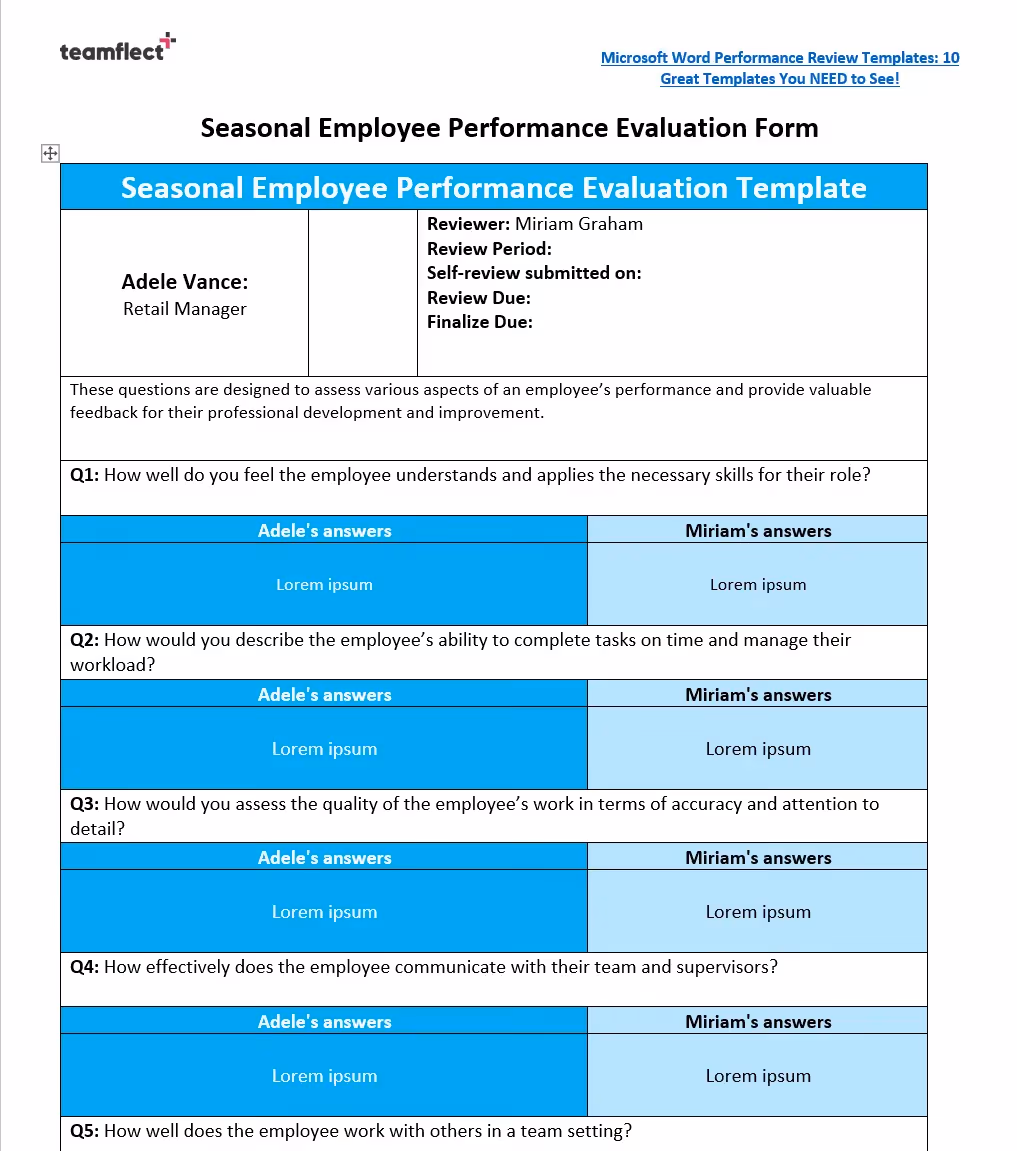 seasonal employee performance evaluation template