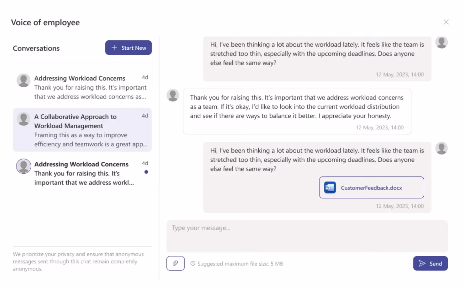 Anonymous Message Box inside Teamflect's Intranet