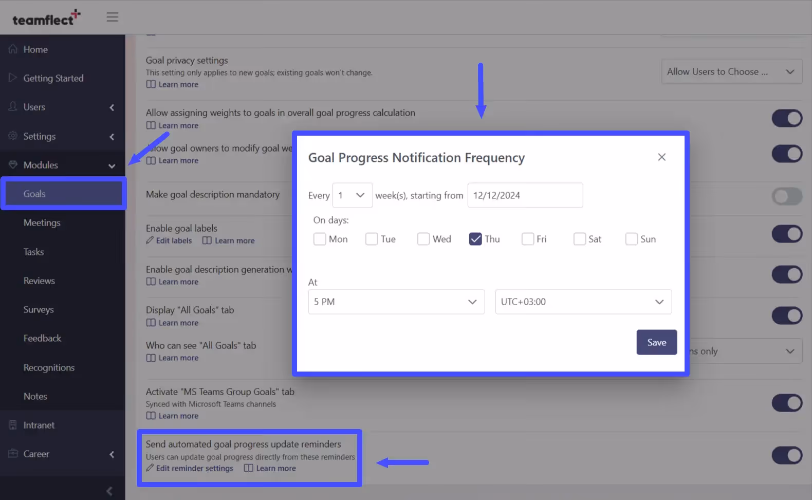 Goal progress update automation by Teamflect.