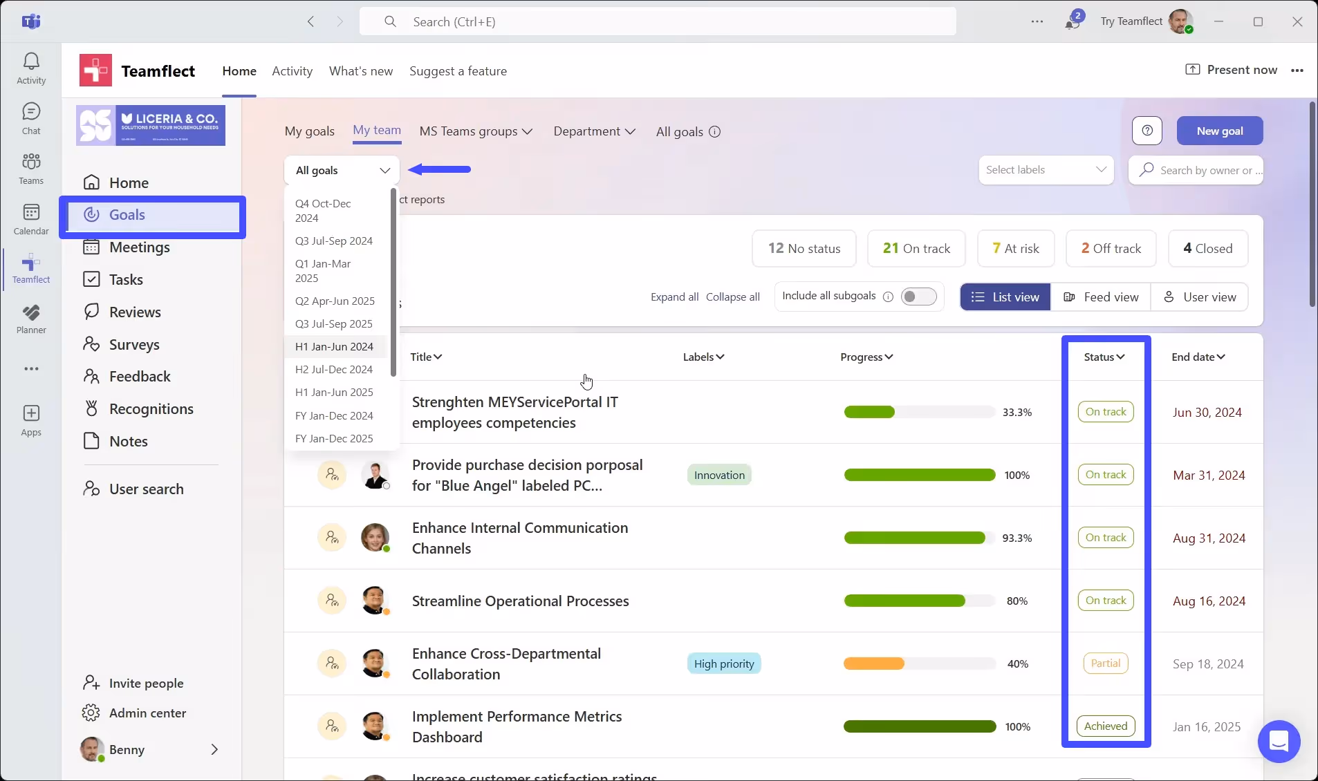Manage employee goals in Microsoft Teams with Teamflect.