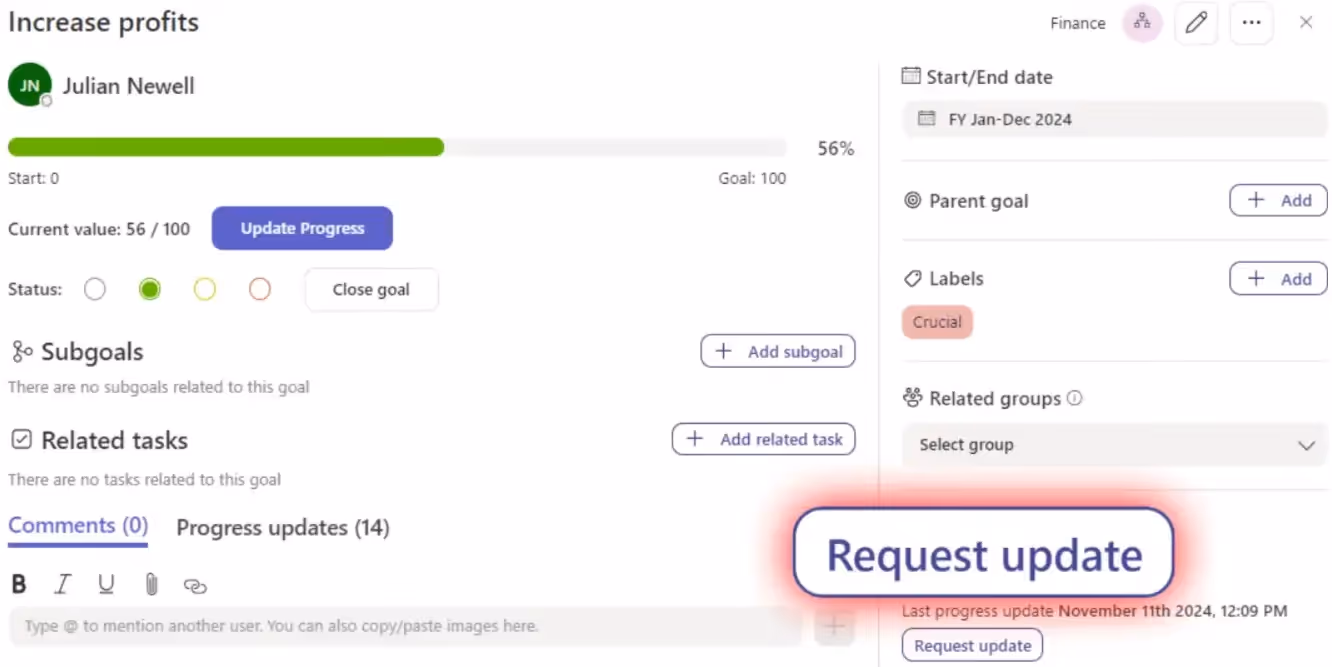 Request employee goal progress update in Microsoft Teams.