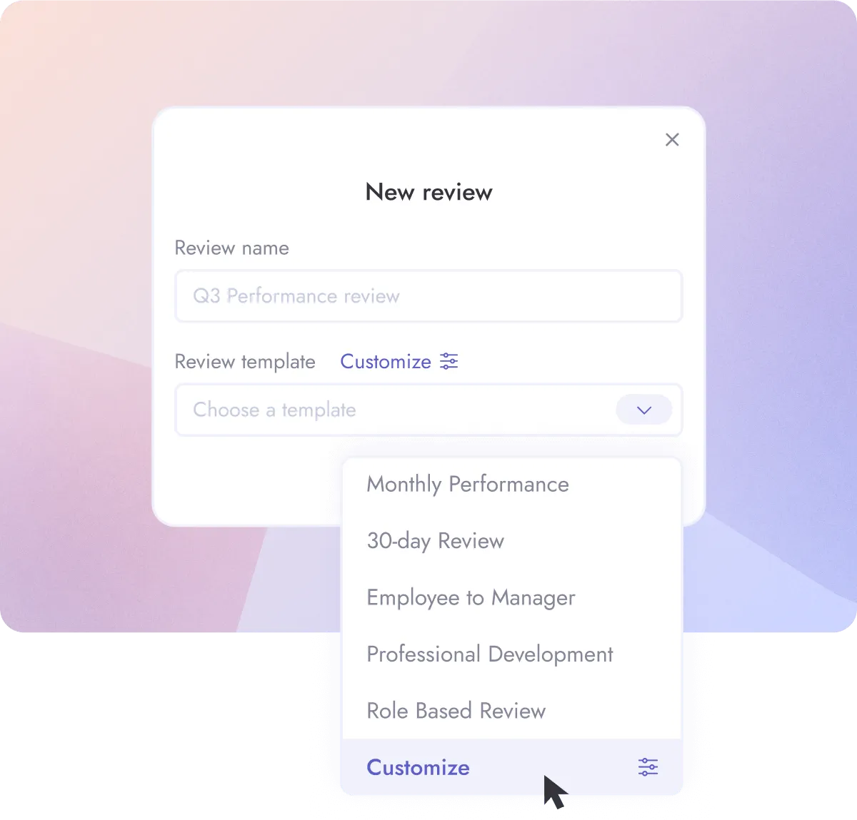 Selecting a performance review template in Teamflect.