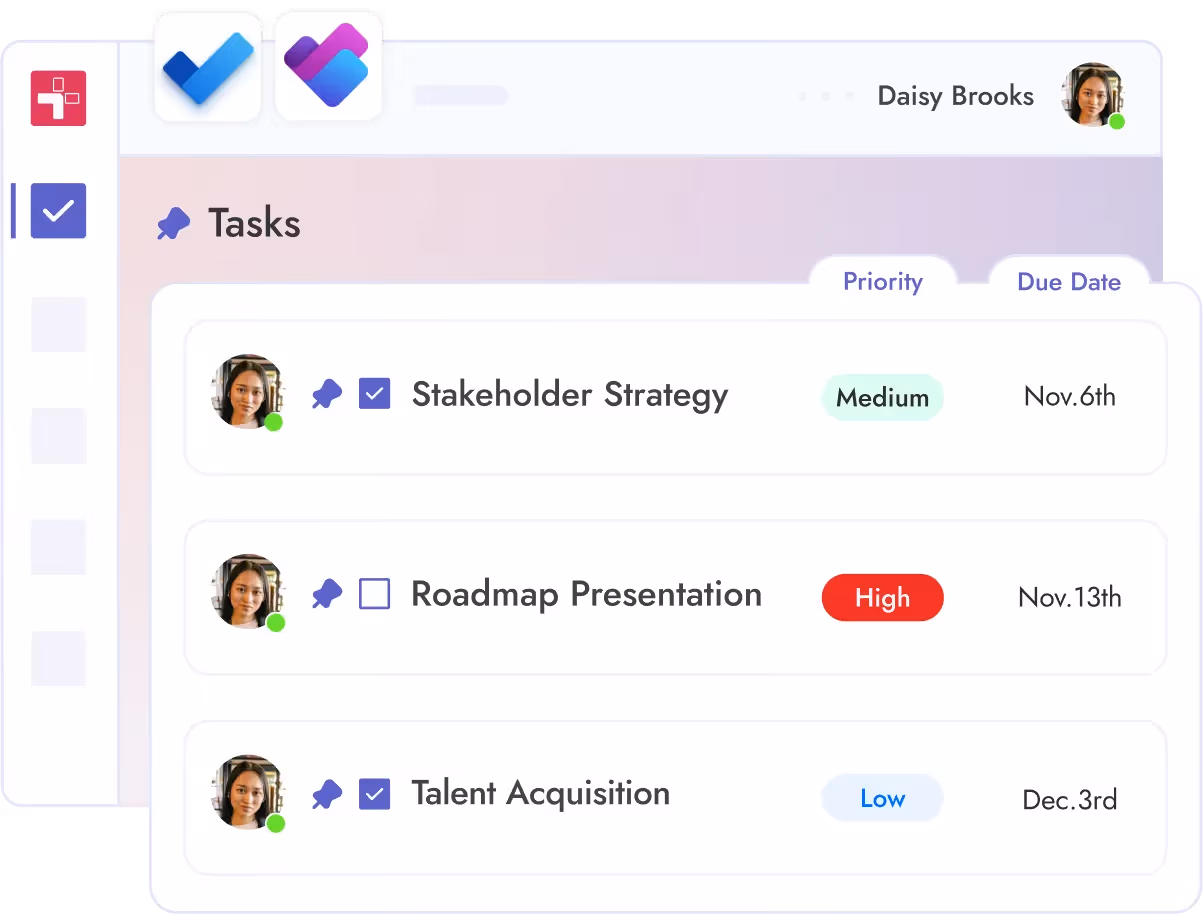 An image showing how project management tasks created with Teamflect can be synced bi-directionally with Microsoft Planner.