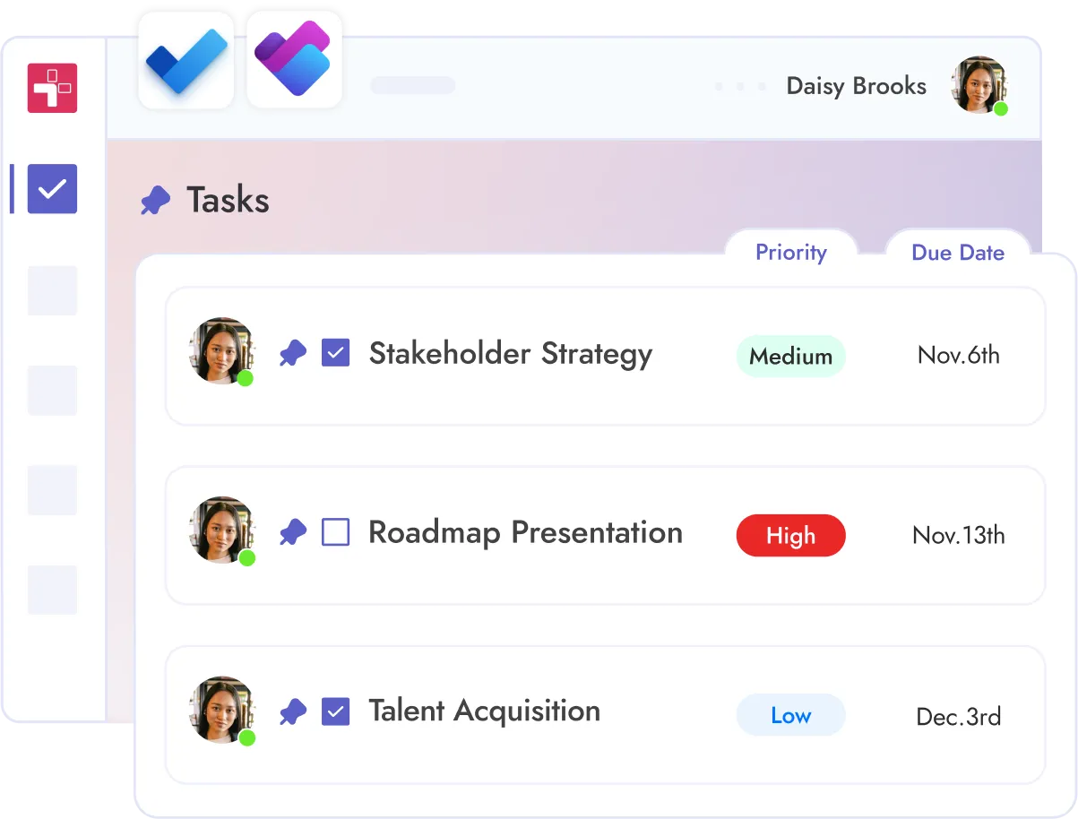 An image showing how project management tasks created with Teamflect can be synced bi-directionally with Microsoft Planner.