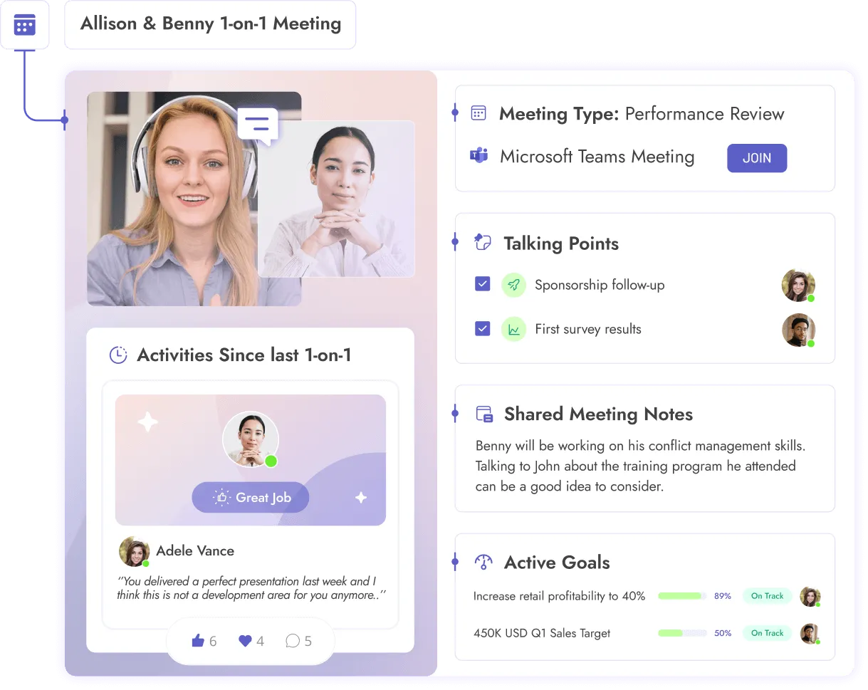Teamflect's Microsoft Teams meeting agendas with talking points, shared & private meeting notes, employee recognition, and goal setting features.