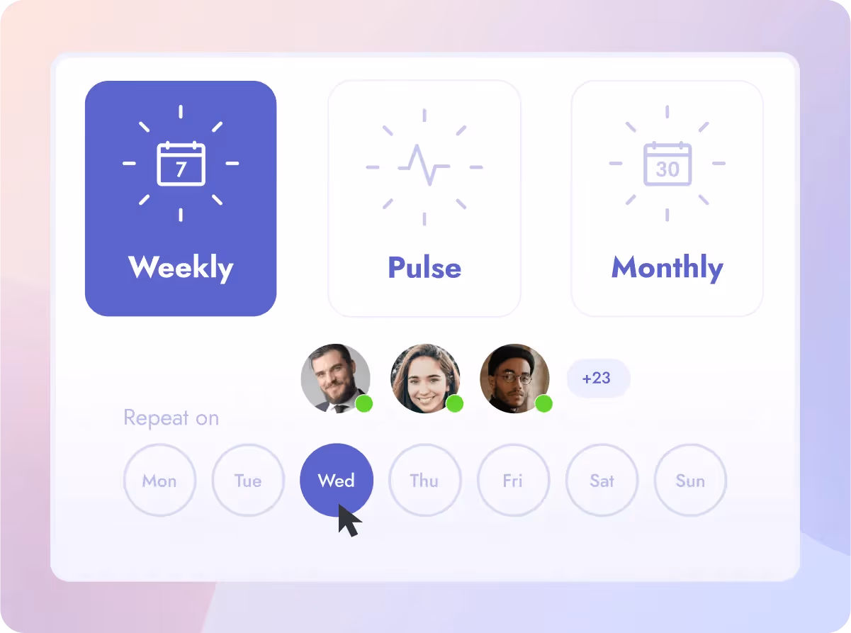 Teamflect's survey automation interface showing options for Weekly, Pulse, and Monthly survey options for team members.