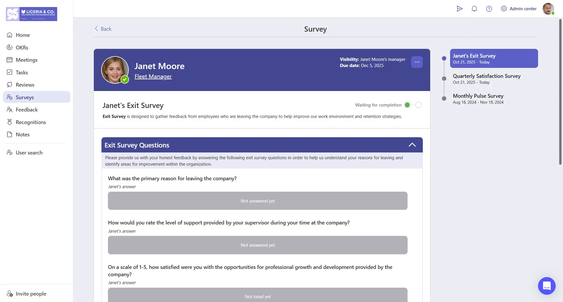 . Screenshot of the Exit Interview Template available in Teamflect.