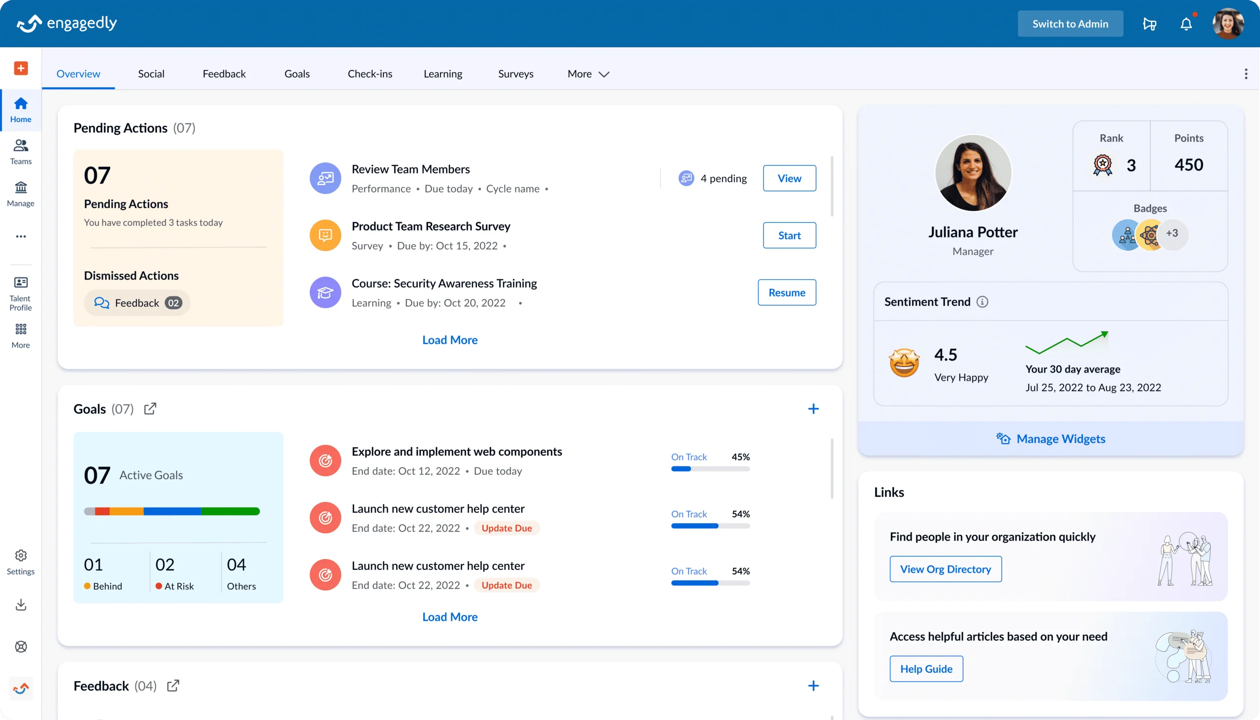 Engagedly main dashboard