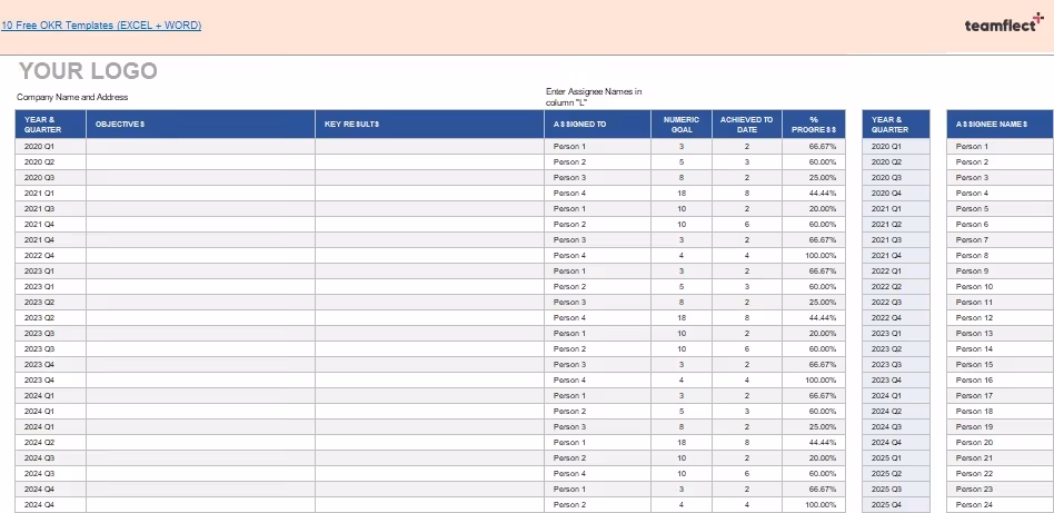 OKR reporting template in Excel created by Teamflect