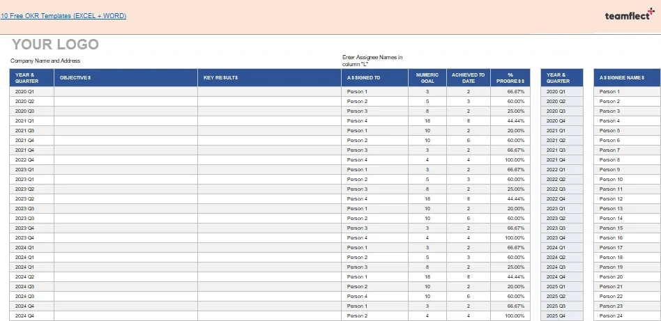 OKR reporting template in Excel created by Teamflect