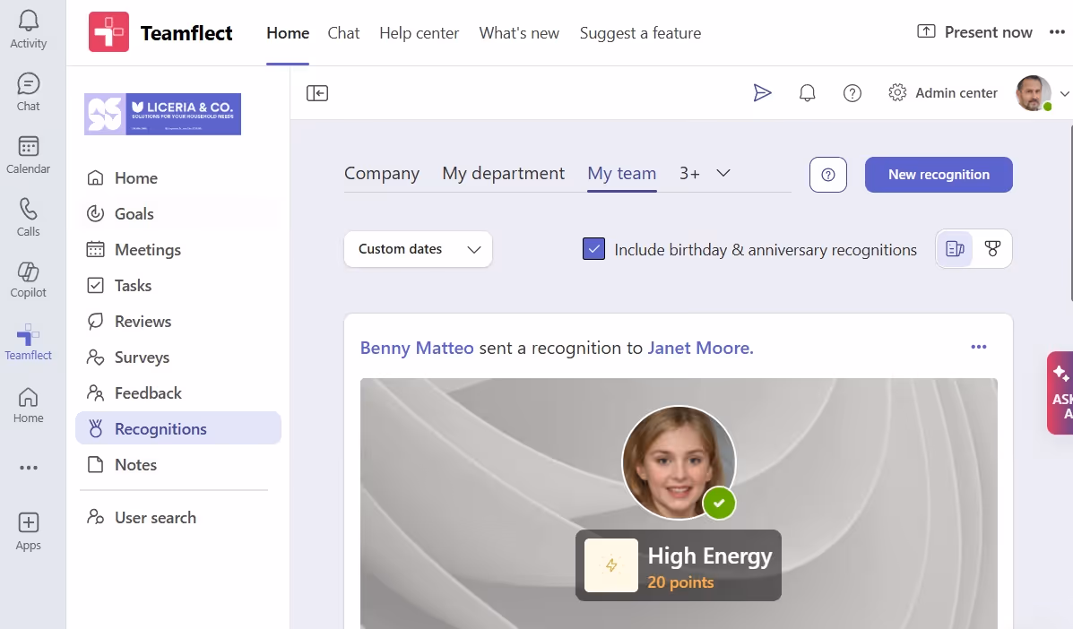 Send employee recognitions inside Teams easily with Teamflect