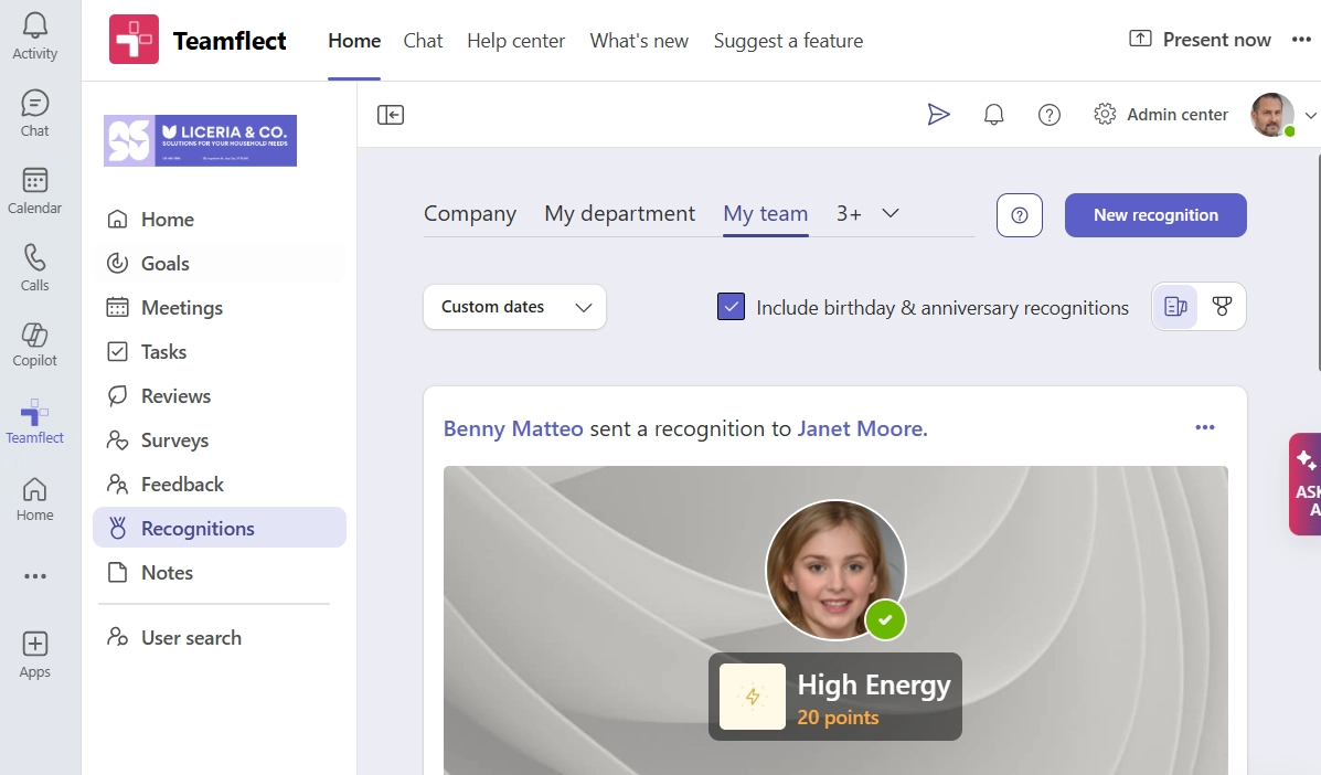 Send employee recognitions inside Teams easily with Teamflect
