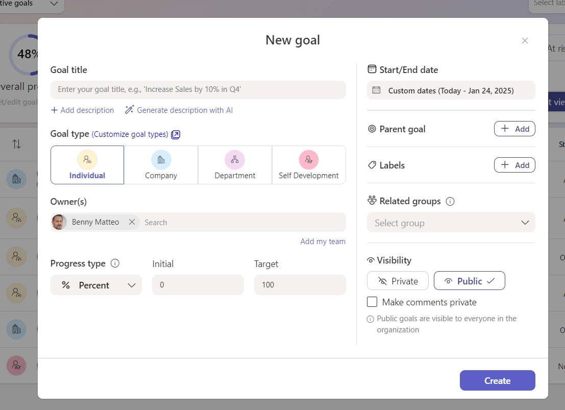 Teamflect gives you the ability to use different goal types as an comprehensive OKR tool.