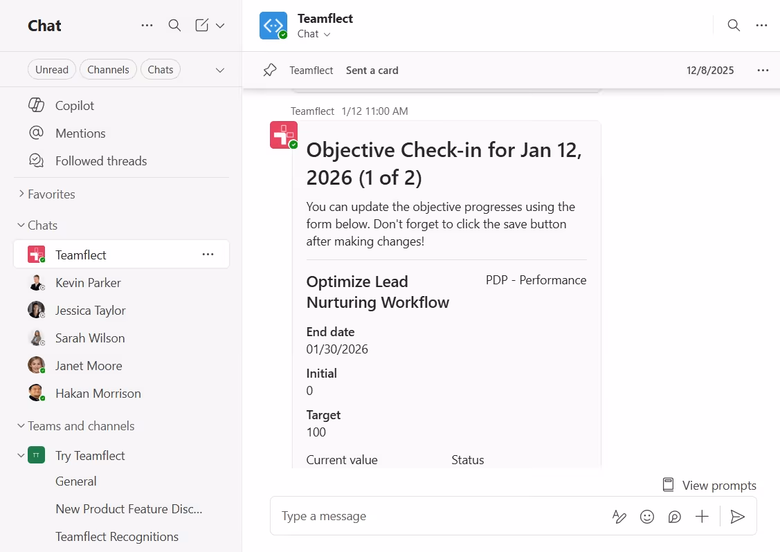 With adaptive cards, update goals in a Teams chat by using Teamflect as your goal-setting tool.