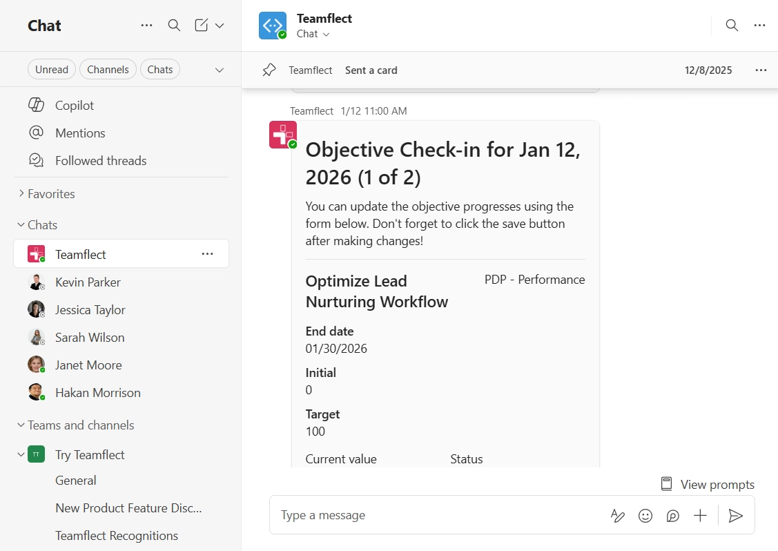 With adaptive cards, update goals in a Teams chat by using Teamflect as your goal-setting tool.
