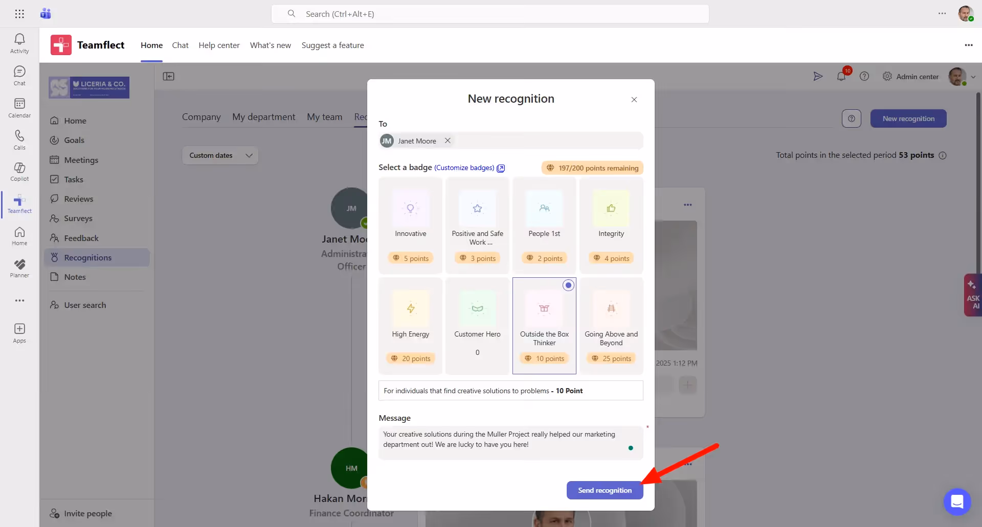 Recognition inside Teams with Teamflect
