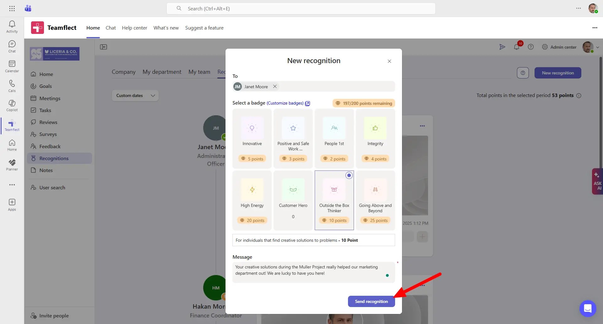 Recognition inside Teams with Teamflect