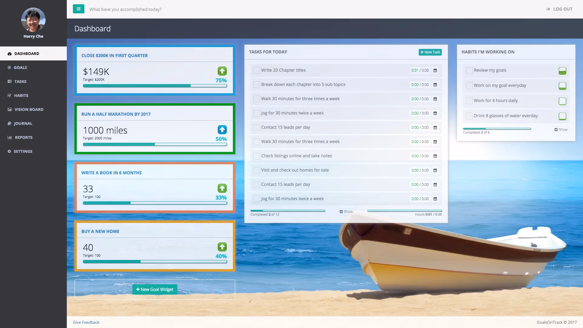 GoalsOnTrack main dashboard