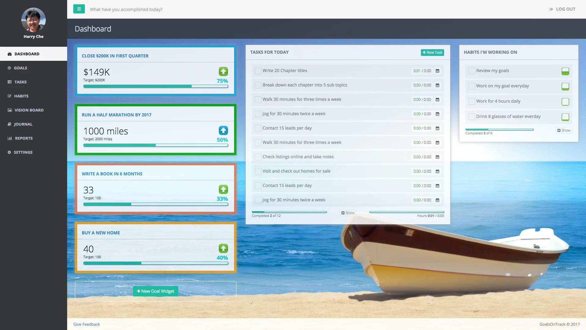 GoalsOnTrack main dashboard