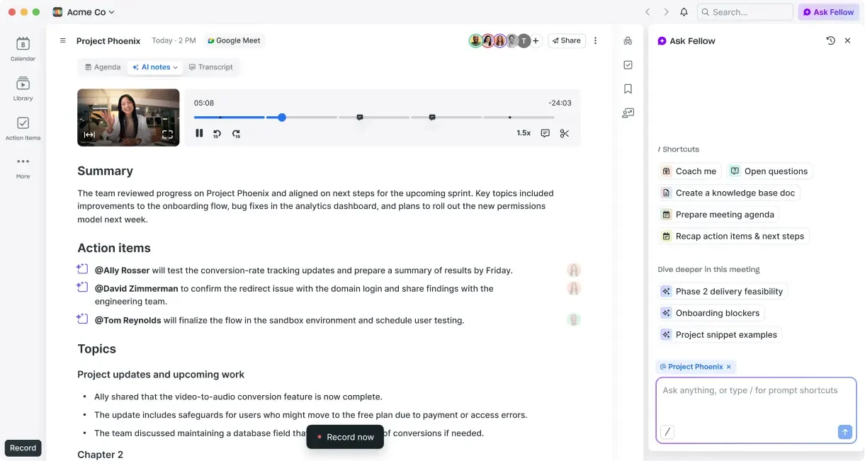 Fellow main dashboard