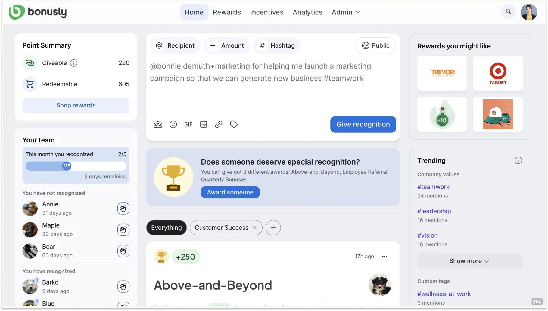 Bonusly overview of the platform