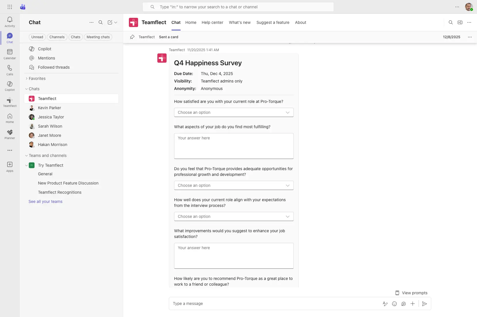 Pulse surveys embedded inside Microsoft Teams chat