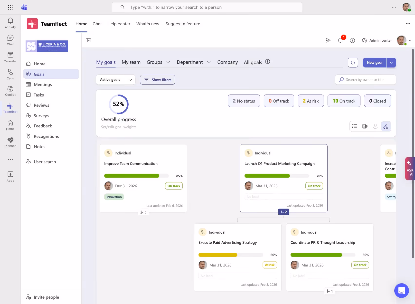 Tree view for goals inside Microsoft Teams with Teamflect