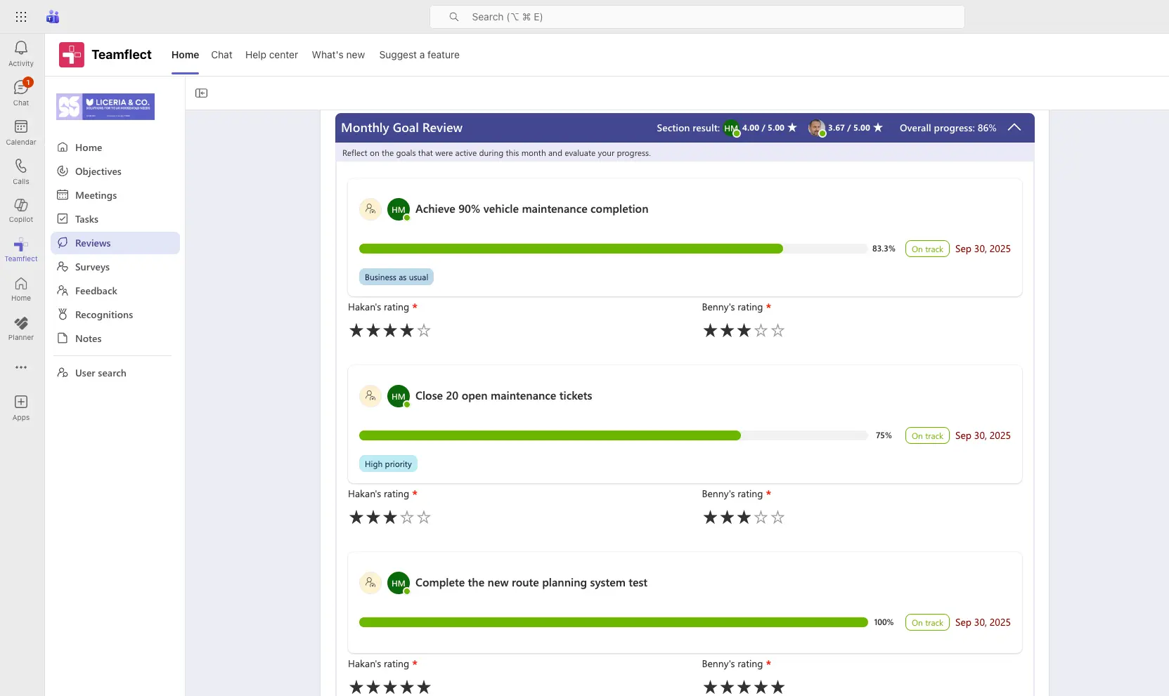 OKRs integrated into performance reviews within Teamflect