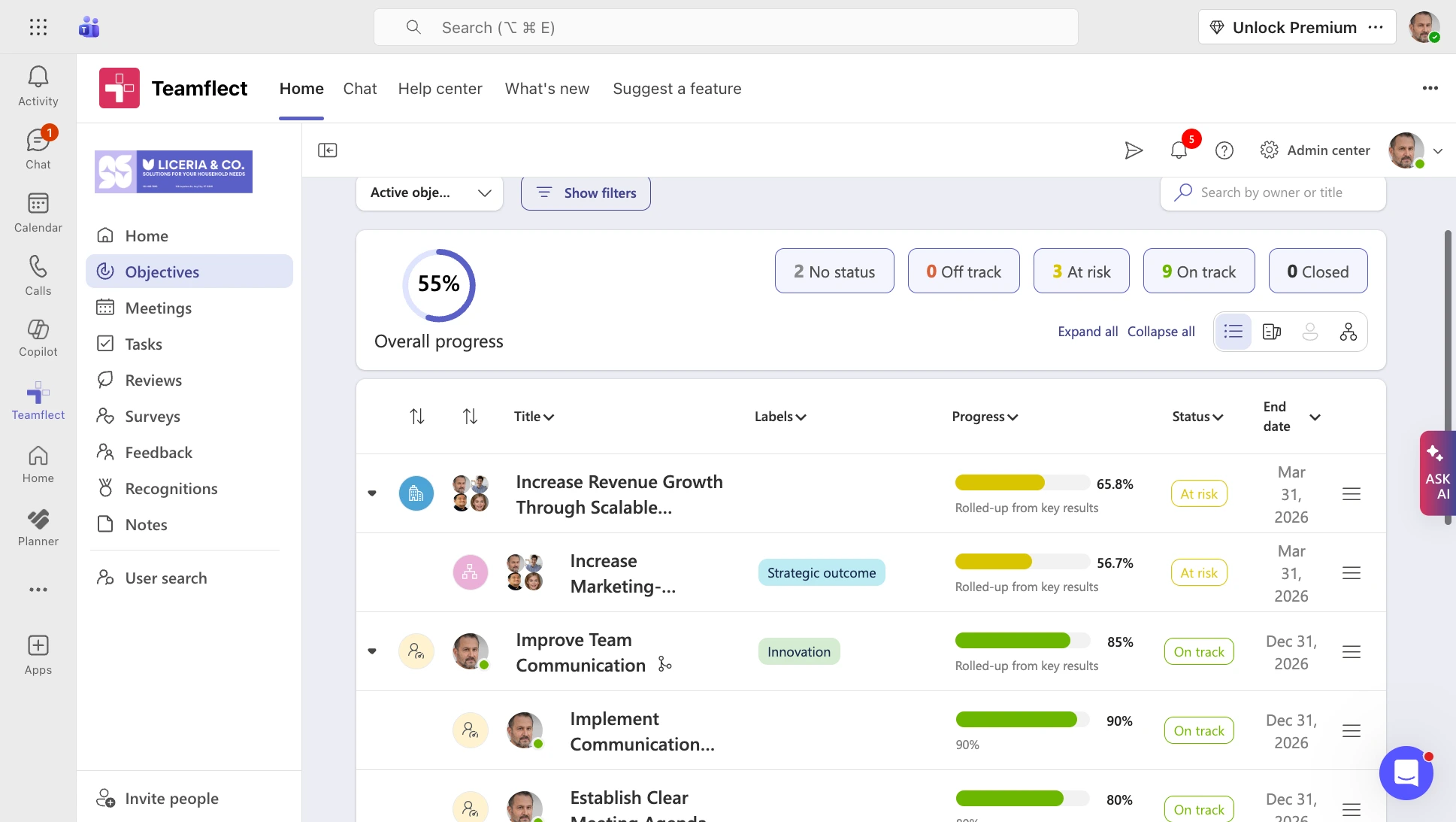 Cascading OKRs inside Teamflect