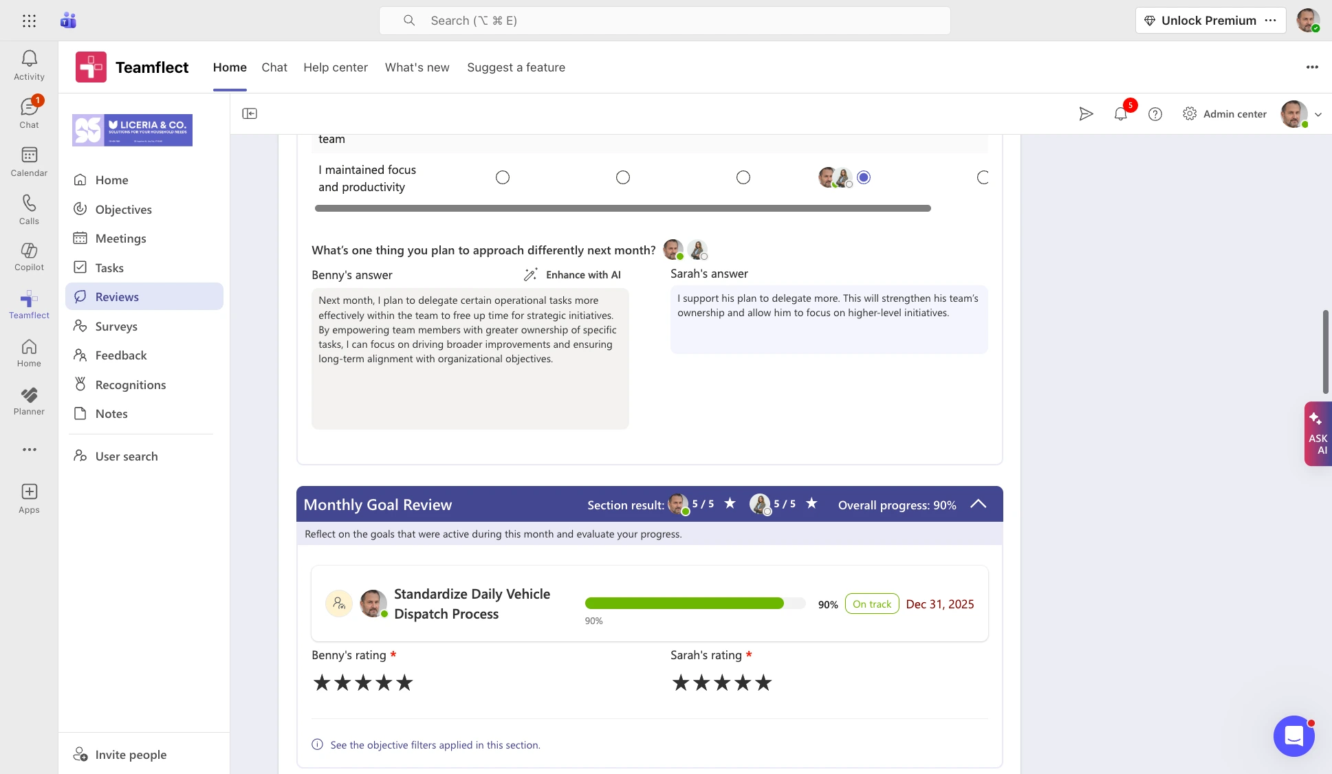 Goals inside performance review in Teamflect