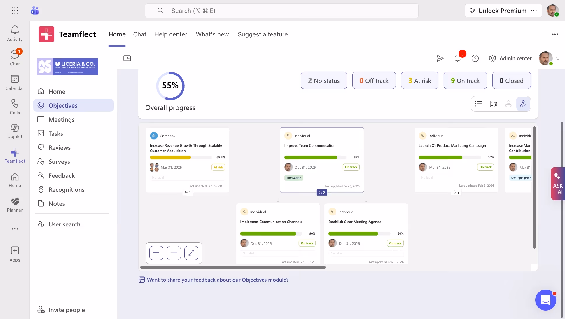 Tree view for Cascading Goals with Teamflect