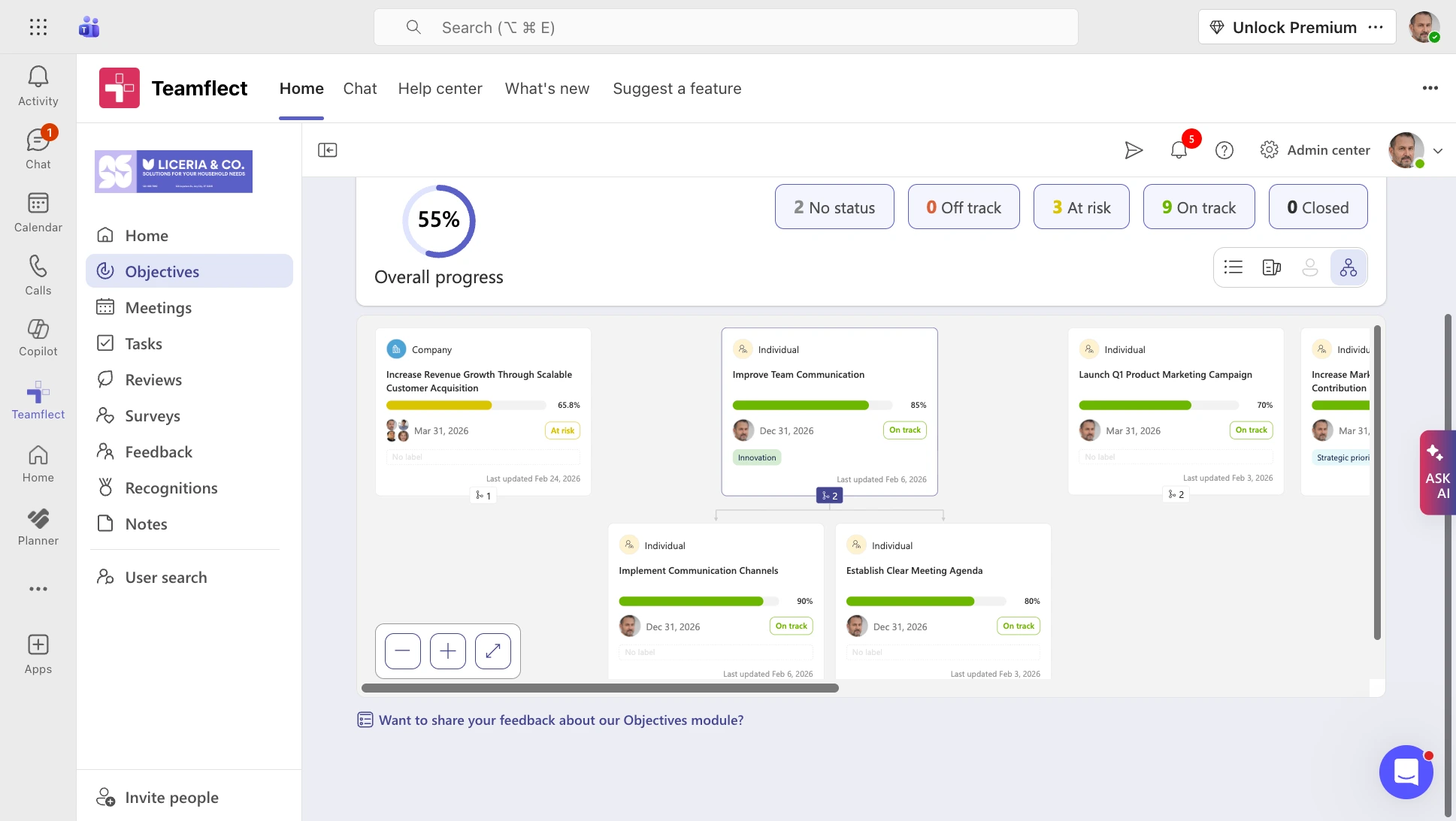 Tree view for Cascading Goals with Teamflect