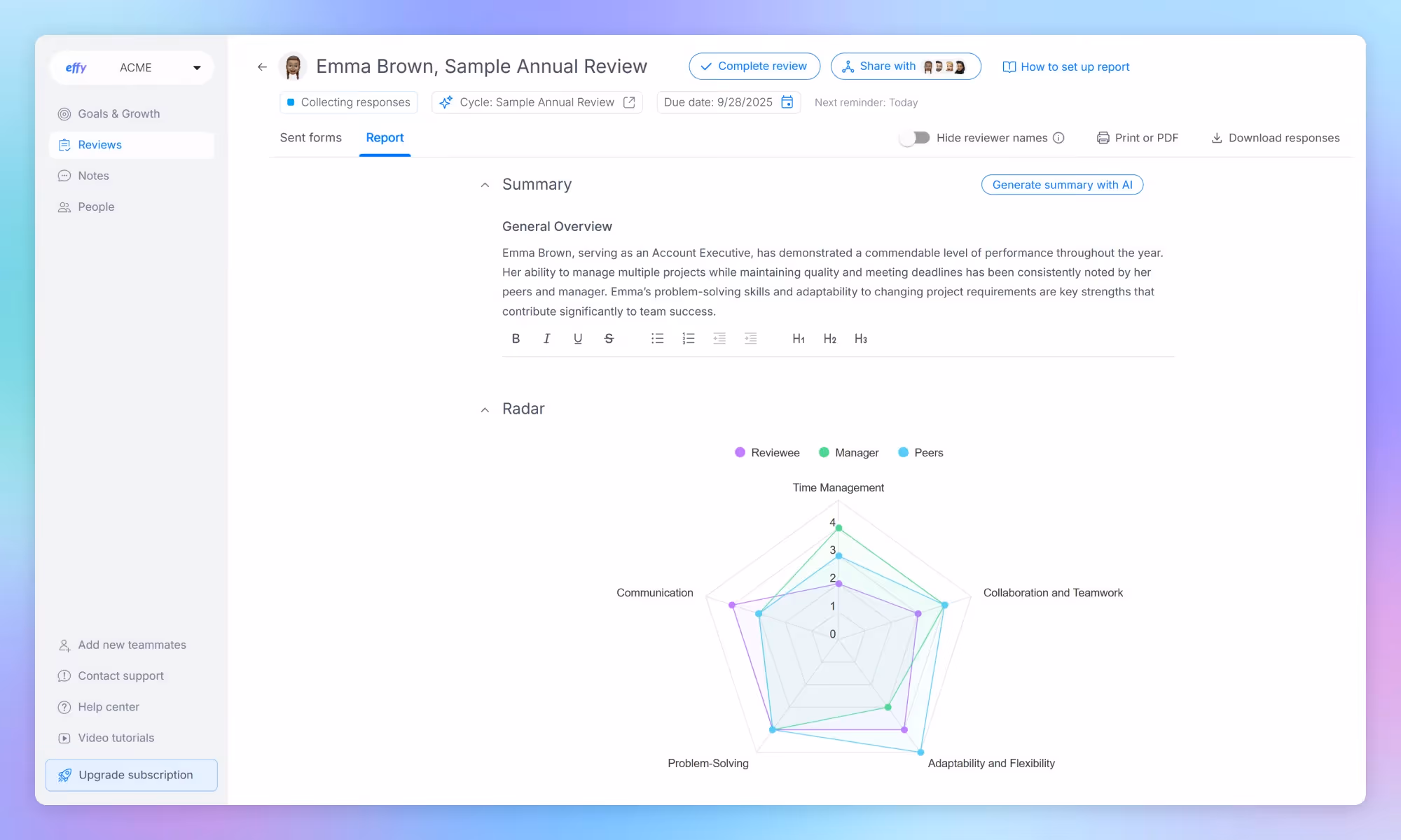 Performance reviews in Effy AI