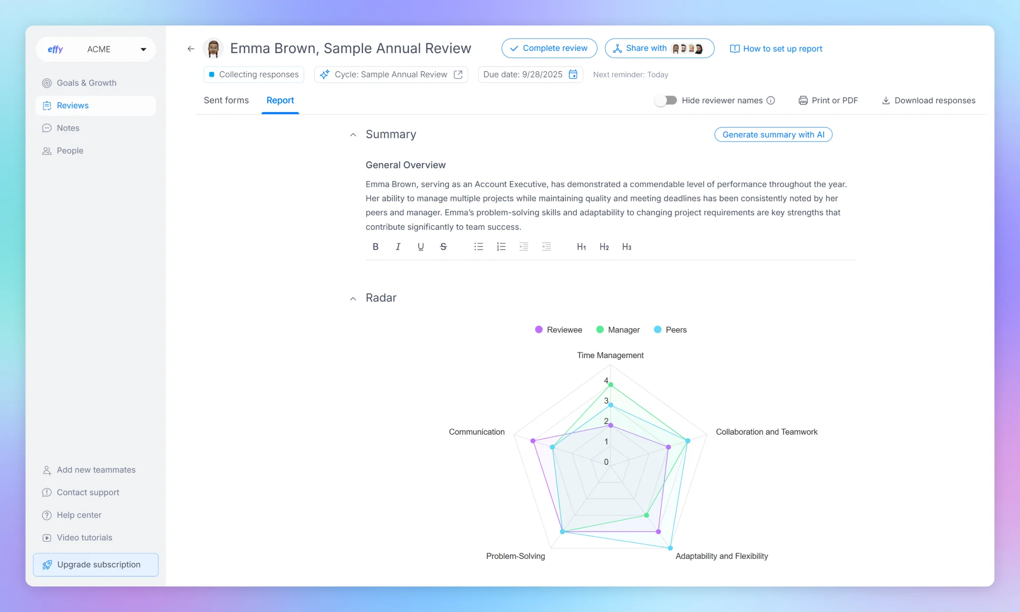 Performance reviews in Effy AI