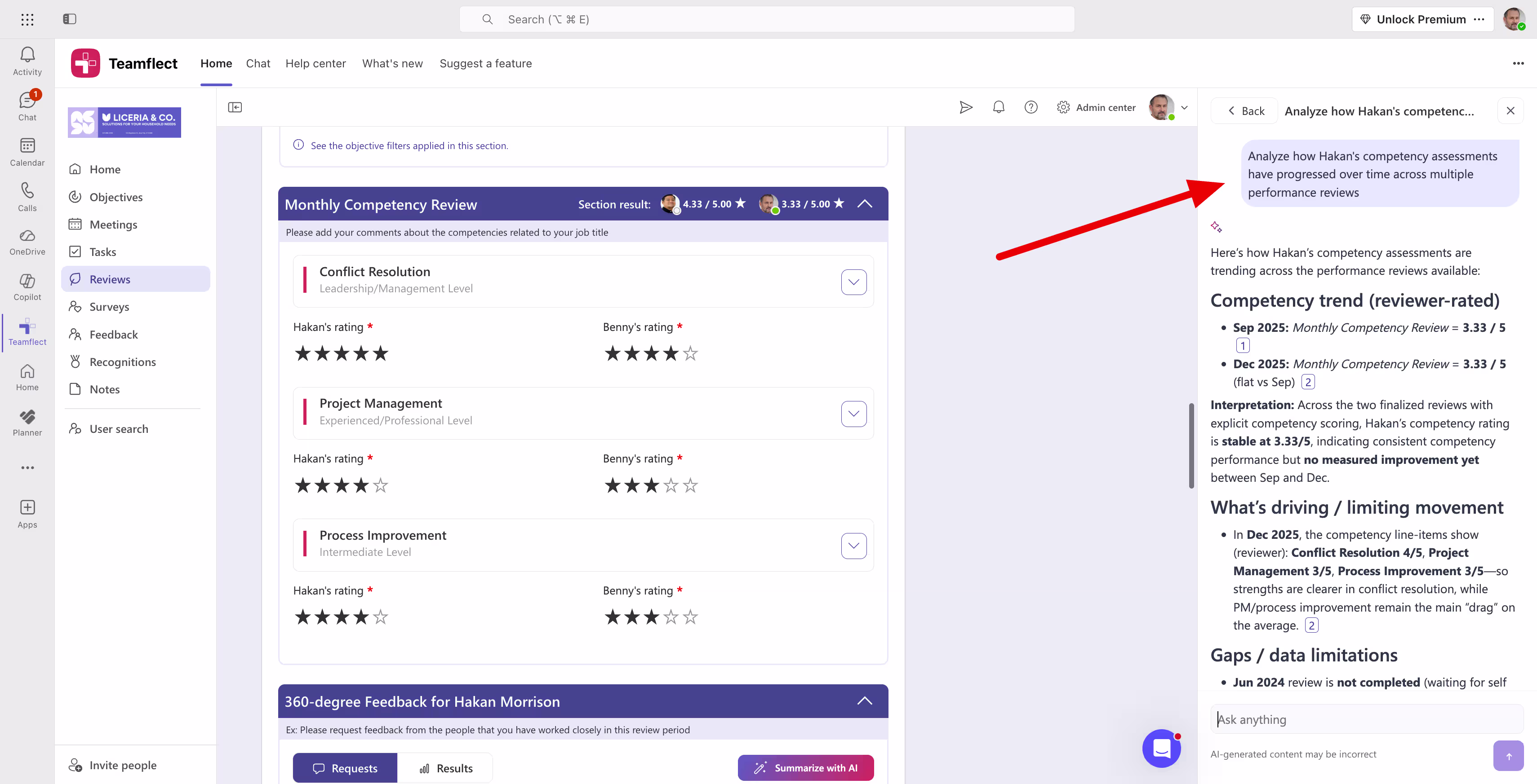 Teamflect AI summarizes competency assessments and conduct a multi-review analysis for employees.