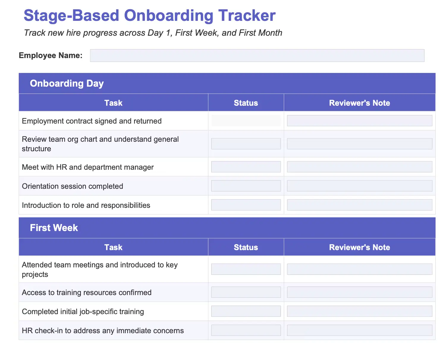 Stage Based Onboarding Tracker Template