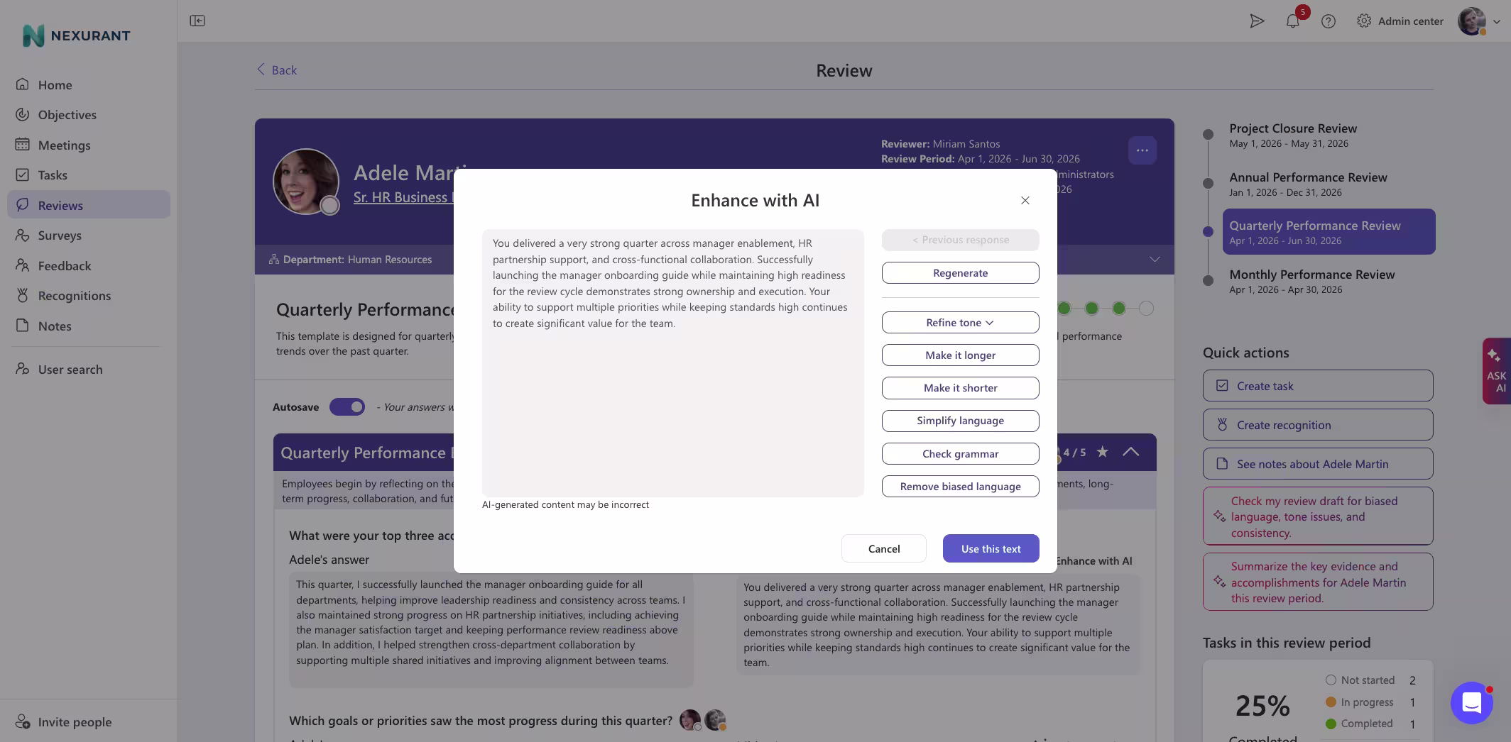 Enhancing performance review comments with AI in Teamflect