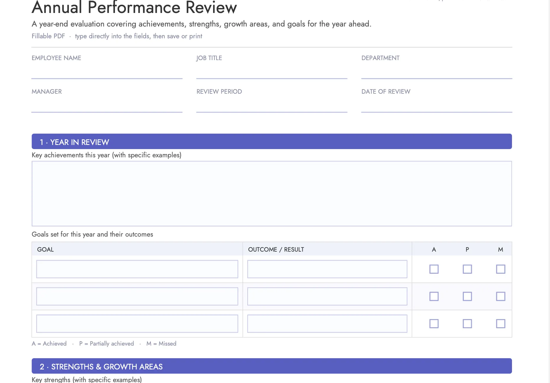 An annual performance review template in editable pdf form