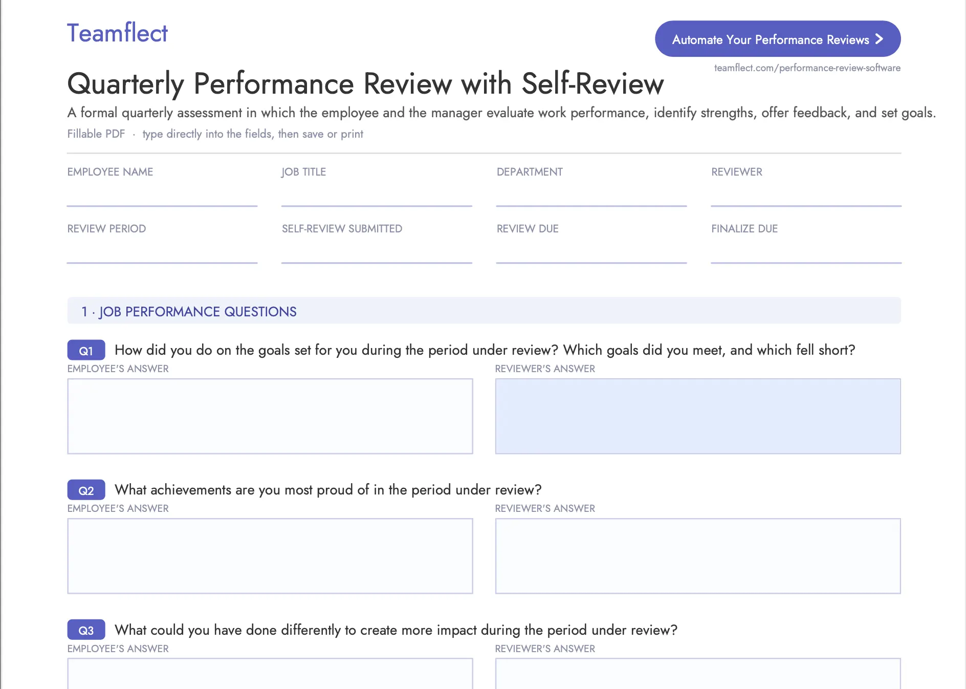 quarterly performance review template with self-review