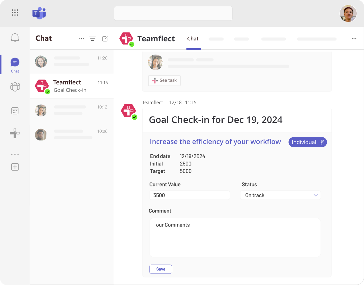 Update your goals without leaving Microsoft Teams with Teamflect