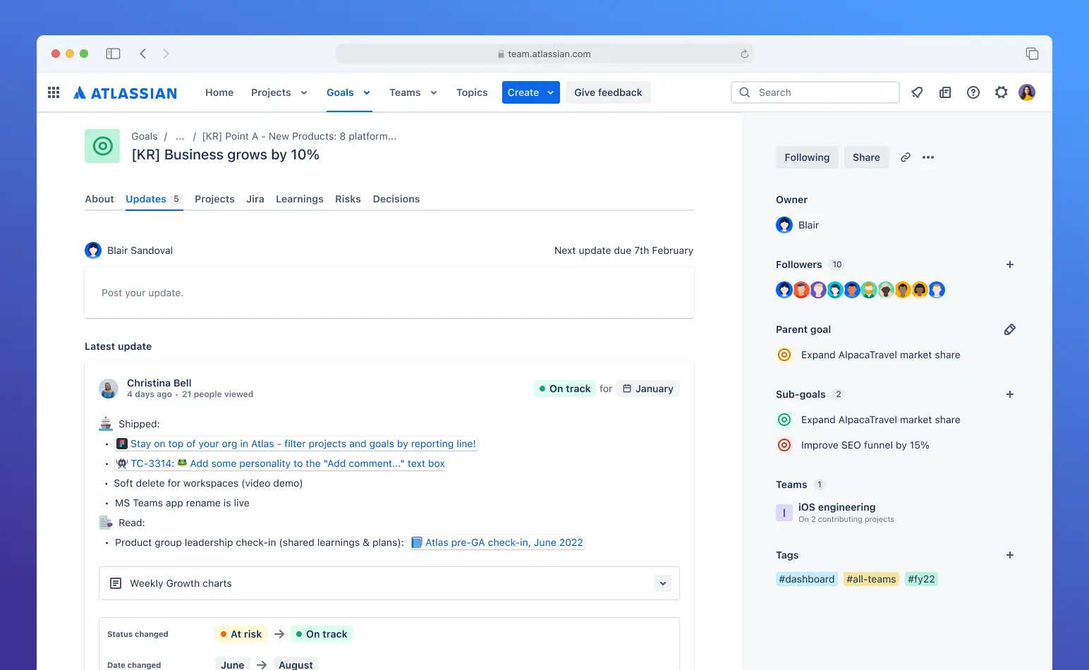 Atlassian goals dashboard