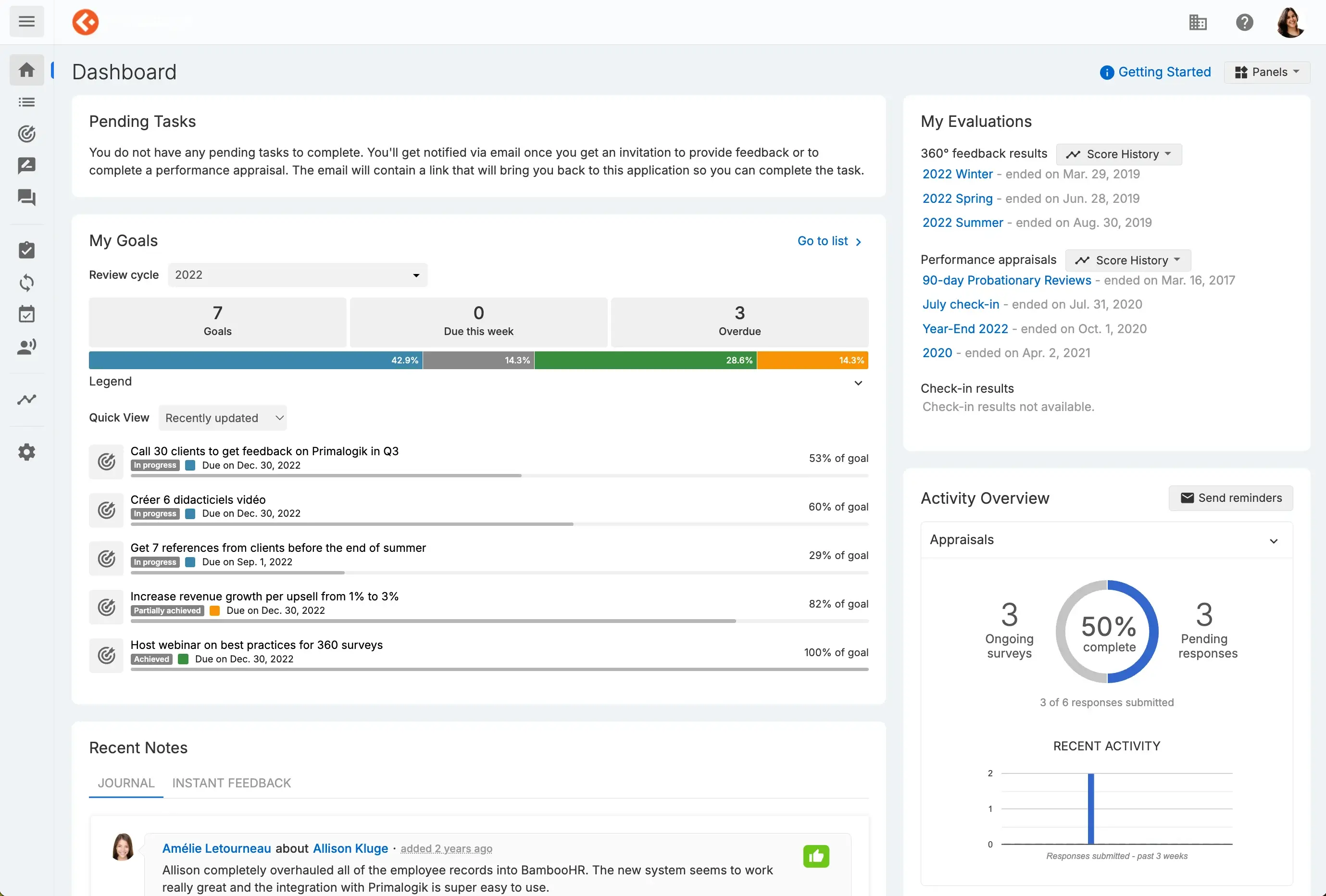 Primalogik main dashboard with goals and tasks